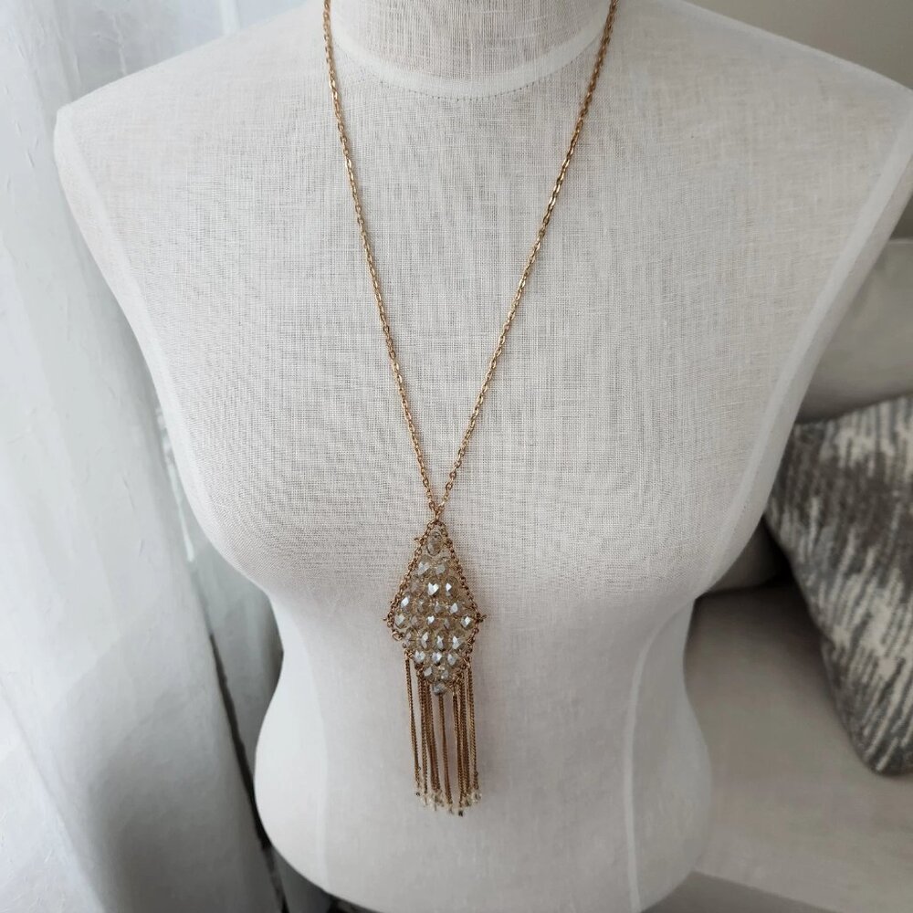 Devan Nordstrom crystal gold tone tassel necklace 24" 7" pendant drop N1